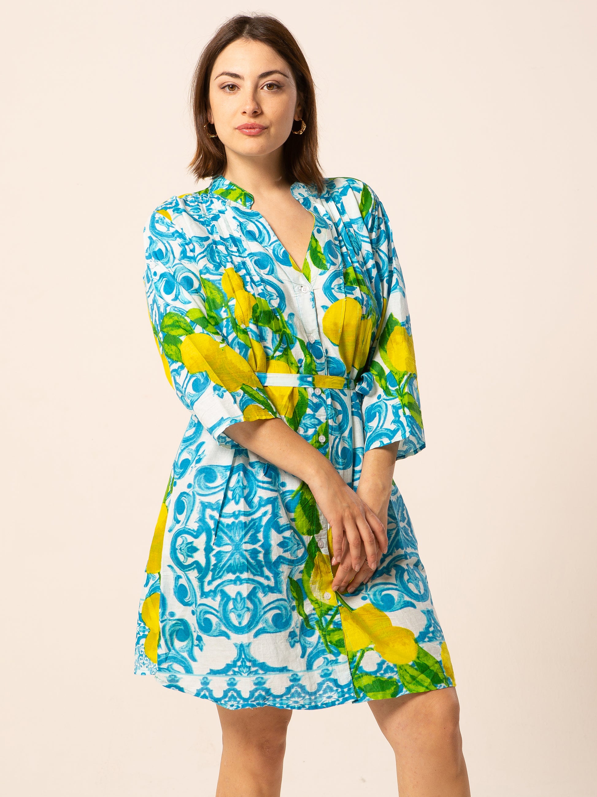 Lino Vestiti Con Fantasia Limoni Abito Mix Celeste Fantasia Limoni