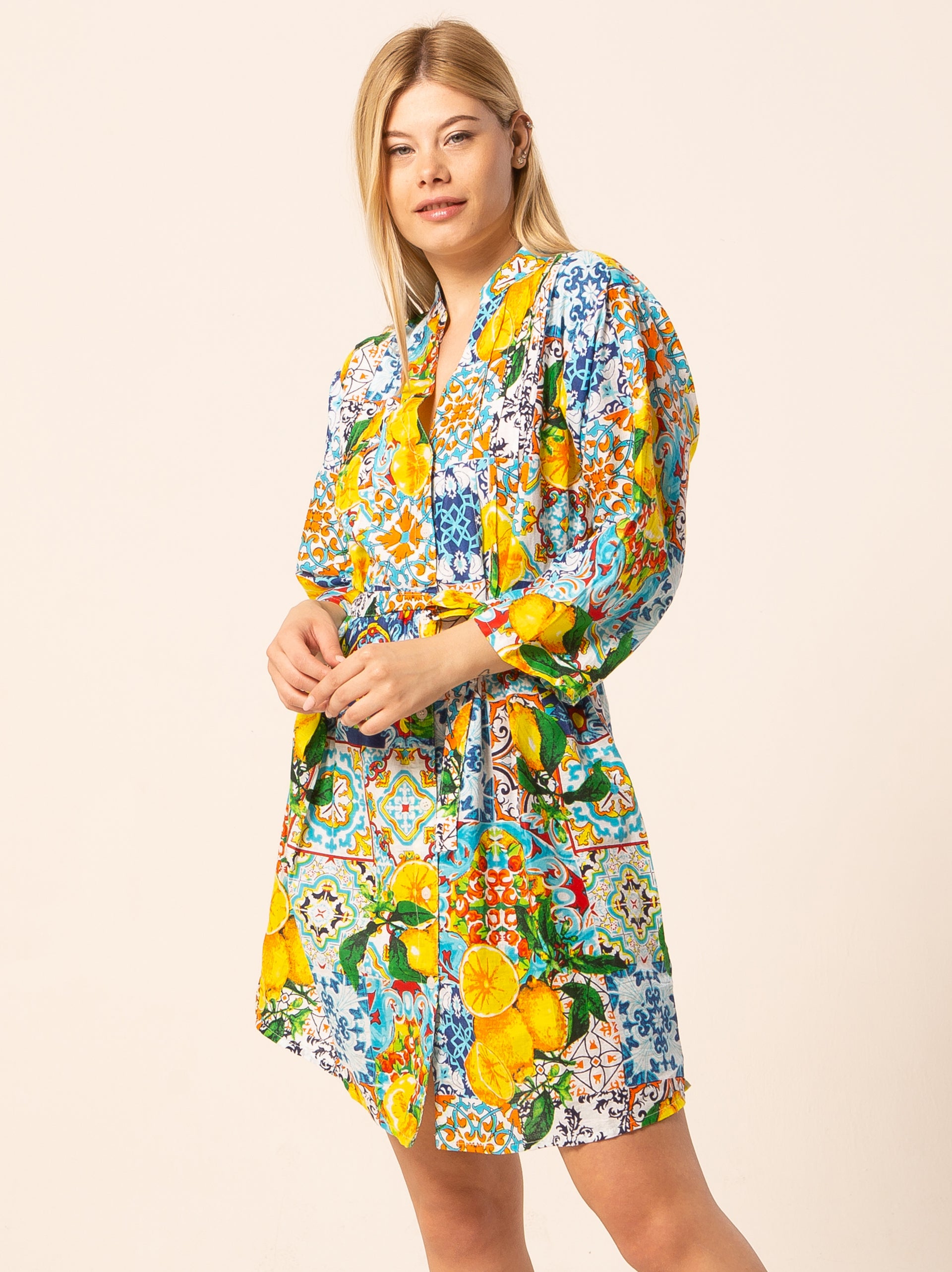 Vestiti Abito Fantasia Maiolica Abito Mix Celeste Fantasia - Main Image