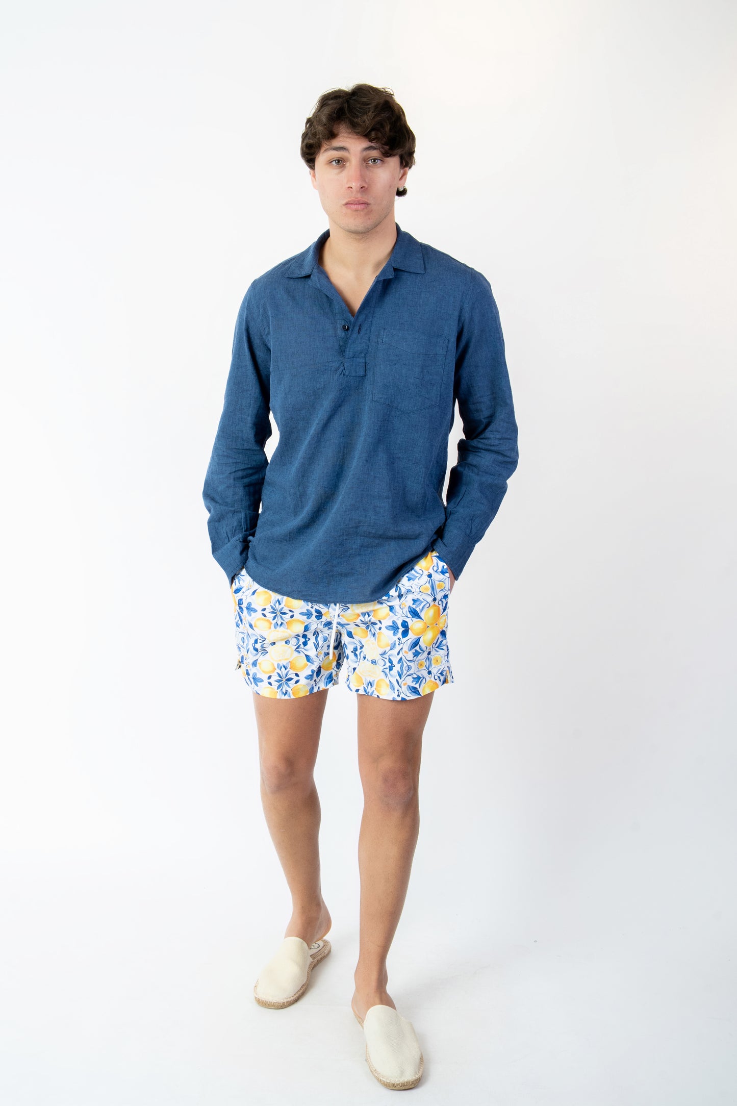 Santorini - Polo camicia in lino blu