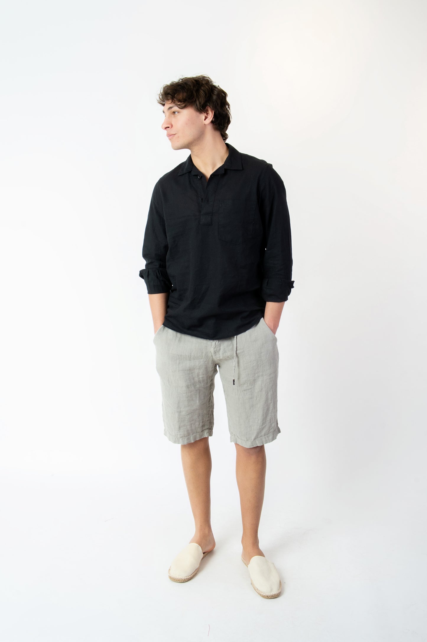 Santorini - Polo camicia in lino nero