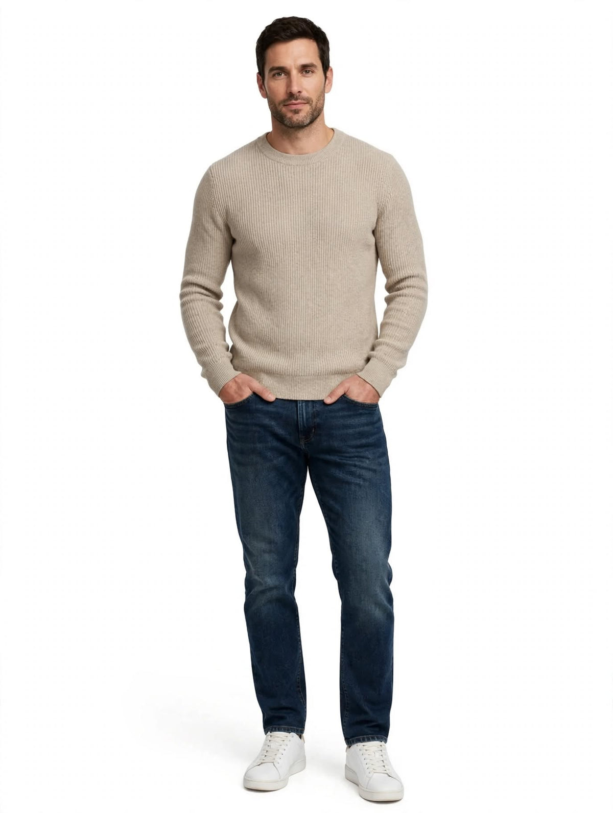 TUFO - MAGLIONE GIRO COLLO A COSTINE BEIGE